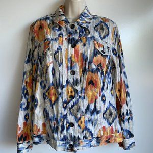 CHICO'S Linen Blend Blue & Orange Print Jacket Size 2 =US Size 12